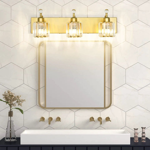 Gold Crystal Vanity Light for Bathroom with 3 modern dimmable lights and E26 socket, mounted above a mirror, premium gold finish