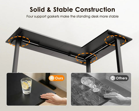 Solid construction of 63 Inch Reversible L Shaped Electric Standing Desk Height Adjustable Corner Desk For Home Office shown with stability comparison.