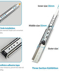 Heavy Duty Ball Bearing Drawer Slides With Lock And Smooth Glide Design Plus Fully Extended Cabinet Rails featuring 30mm, 55mm, and 76mm sizes.