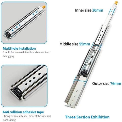 Heavy Duty Ball Bearing Drawer Slides With Lock And Smooth Glide Design Plus Fully Extended Cabinet Rails featuring 30mm, 55mm, and 76mm sizes.