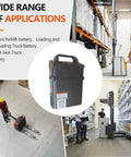 Power Up Your Fleet With This 24 Volt 20 Ah Pallet Jack Truck Battery displayed in warehouse setting with handling equipment.