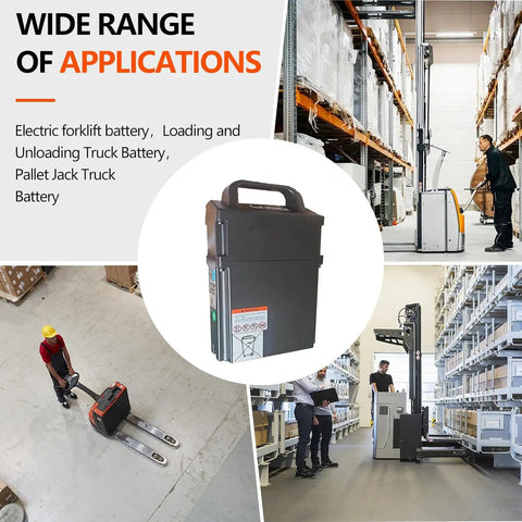 Power Up Your Fleet With This 24 Volt 20 Ah Pallet Jack Truck Battery displayed in warehouse setting with handling equipment.