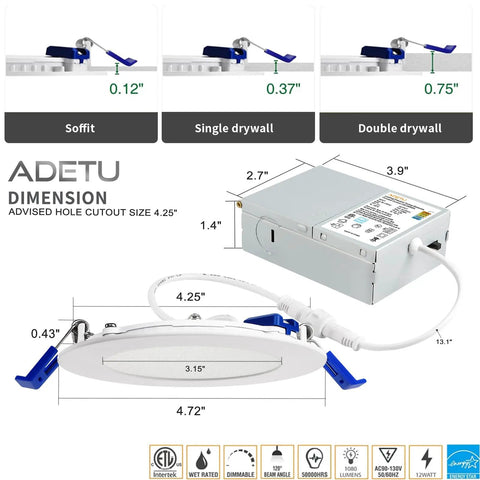 Dimensions and installation details for 12 Pack 4 Inch Ultra Thin LED Recessed Ceiling Lights With Junction Box Dimmable Canless Wafer Downlights 5000K Daylight 9W Equivalent To 80W 810 Lumens High Brightness ETL Energy Star Certified