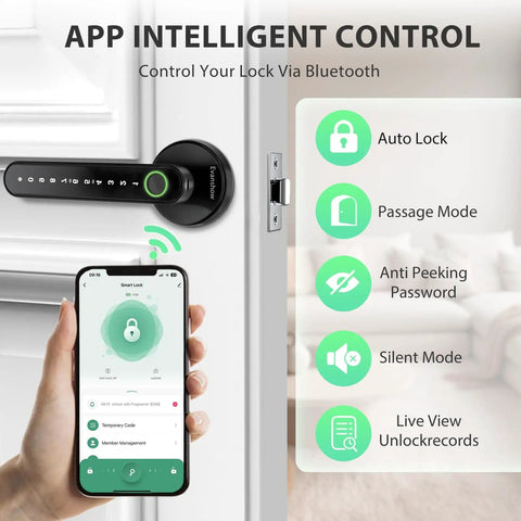 Smart Door Lock With Knob Keyless Entry Entry Handle Home Security Fingerprint Door Knob For Bedroom Front Door Or Apartment Generate Passcodes Remotely Black app control
