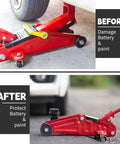 Side view of red hydraulic floor jack with yellow pinch-weld protector attached under a vehicle
Installed red jack stand pad adapter protecting pinch-weld and side frame rail under a vehicle