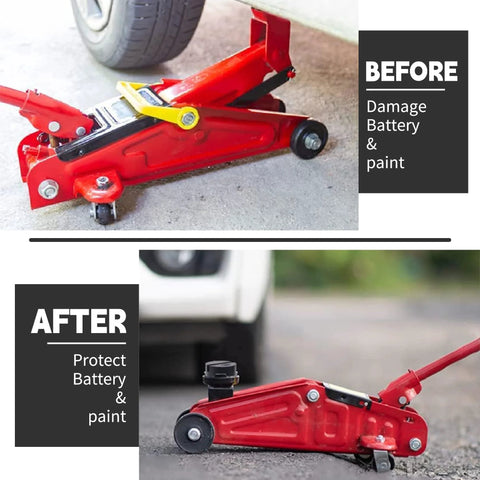Side view of red hydraulic floor jack with yellow pinch-weld protector attached under a vehicle
Installed red jack stand pad adapter protecting pinch-weld and side frame rail under a vehicle