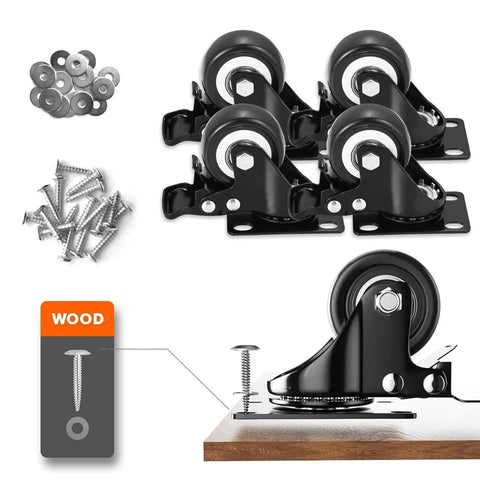Heavy Duty Furniture Castor Wheels With Dual Locking Spinners And Smooth Polyurethane Tread Four Pack Universal Swivel Caster Plates and screws.