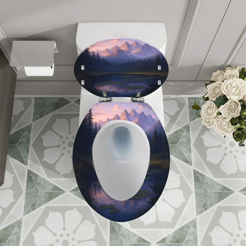 Elongated Resin Toilet Seat for Bathroom with a scenic mountain design, measuring 14.5" x 18.5" for most toilets.
