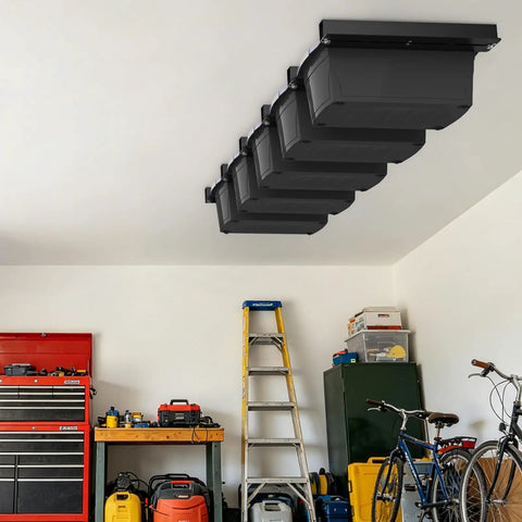 Garage Ceiling Storage Rack For Overhead Organization Boss Level, Heavy Duty Adjustable Bin System With 6 Sets For 5 Bins, 16 Inch Depth