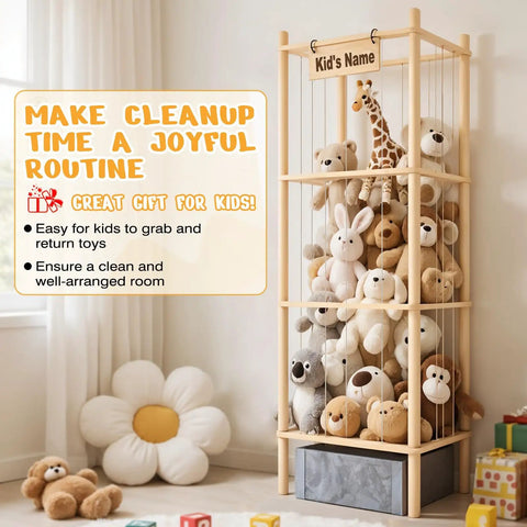Large Wooden Stuffed Animal Storage Zoo Organizer With Toys Tray 57 Inch Tall For Plushies Extra Large Capacity Holds 50 Plus Plush Toys Perfect For Toddler Rooms Playrooms And Bedrooms shown filled with toys