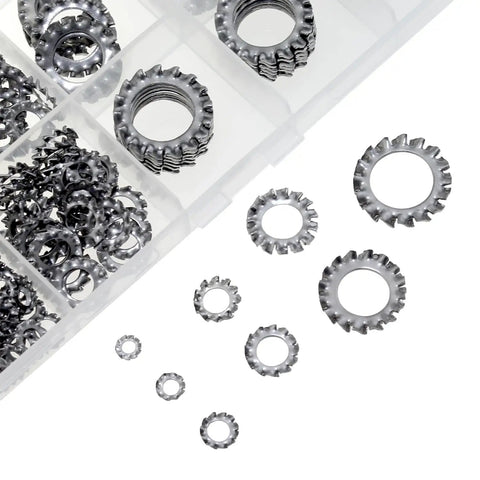 Premium 304 Stainless Steel External Multi-Tooth Star Lock Washers Set, 380 Pieces, M2.5 to M12 in storage case