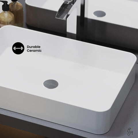24 Inch Rectangle Ceramic Vessel Sink for Above Counter Install, Slick Modern Look, Scratch Resistant Non Porous Ceramic