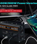 No Sweat 400 Watt 12V To 110V Power Inverter With 800W Peak Muscle, dual AC outlets and USB ports charging phone in car.