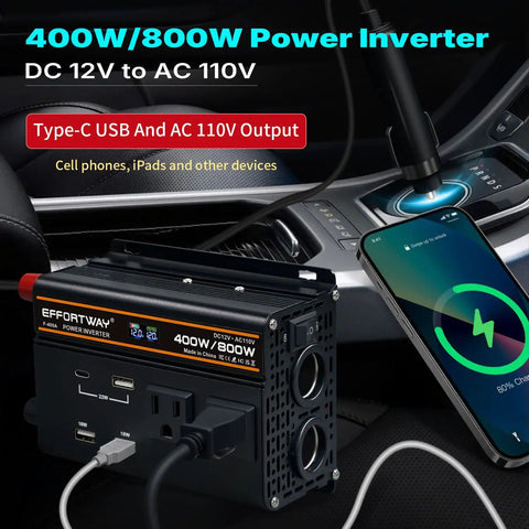No Sweat 400 Watt 12V To 110V Power Inverter With 800W Peak Muscle, dual AC outlets and USB ports charging phone in car.