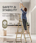 Five Step Ladder With Handrail Champagne Gold For Home Use Top Handle Design With Non Slip Rubber Feet Stable Easy Up And Down Stool For Kitchen Garage And Office Tasks, man standing on 5-step aluminum ladder in bathroom