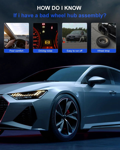 Symptoms of bad wheel hub assembly with a car illustration and dashboard indicators.