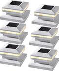 Six Pack Solar Post Lights For Outdoor Fence Deck Patio No Fuss Easy Install Warm White SMD LED Bright Decorative Lighting Fits 4x4 5x5 Or 6x6 Wood Posts White, showing all six units with solar panels and LED glow.