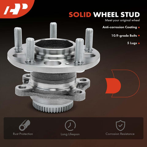 Road Ready Rear Wheel Bearing And Hub Assembly With ABS Ring For Hyundai Elantra Elantra Coupe Elantra GT Veloster Forte Forte Koup Forte5 5 Lug 2011 To 2018 FWD Only; side view of metal wheel hub with bolts