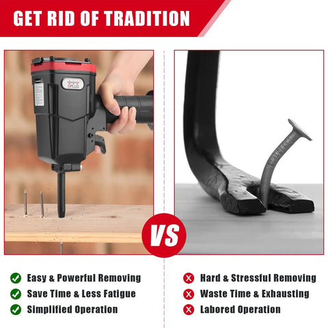 Comparison of punch nailer with traditional nail puller; Punch Nailer And Nail Remover And Nail Puller For Woodwork And Pallets 10 To 20 Gauge Lightweight Die Cast Aluminum Body Slim Nose Tight Spaces Rubber Grip Built For Continuous Use Pro Grade And Tough As Nails, emphasizing ease of nail removal.