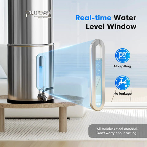 2.25 Gallon Gravity Water Filter System With Water Level Window, 3-Stage Filtration, 0.01 Micron Ultrafiltration in stainless steel