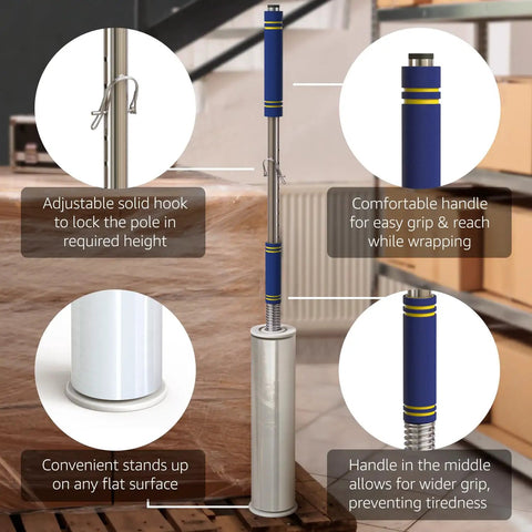 Stretch Film Dispenser Pole With Extra Long Reach For Fast Pallet Wrapping, Heavy Duty Industrial Handle Lets You Wrap 12 To 24 Inch Pallets Top To Bottom, Fits 2 To 3 Inch Core Rolls, Effortless, Efficient, No Bend Operation, adjustable hook and handle