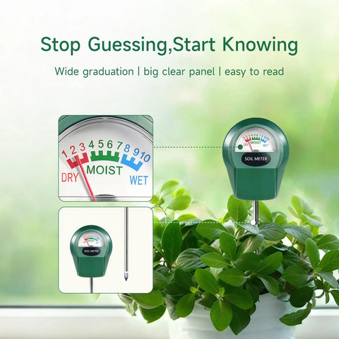 Precise Soil Moisture Meter for Plants displayed with dial showing moisture level, placed in potted plant, no battery needed.