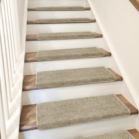 Tape Free Non Slip Bullnose Carpet Stair Treads Set For Indoors Cream Gray 9.5 By 30 Inches 7 Pieces Pet Friendly Washable