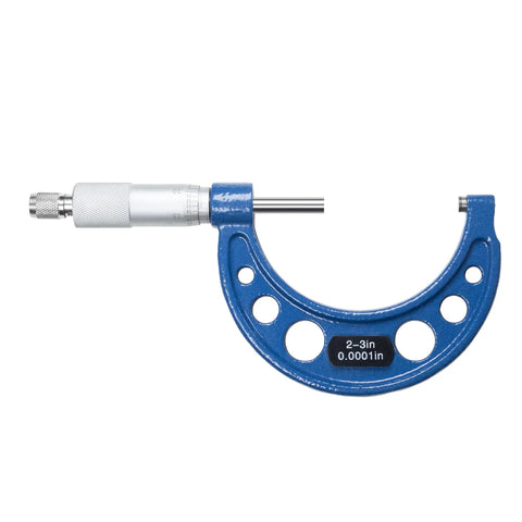 2 To 3 Inch Outside Micrometer With 0.0001 Inch Accuracy Carbide Anvil Laser Etched Scale Durable Satin Chrome Frame with blue arc