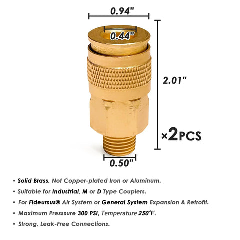 Brass 1/4 Inch NPT Male Air Couplers Set, Six Piece Industrial M Style Quick Connect Fittings For Air Compressors Hoses And Pneumatic Tools, Built To Last, Corrosion Resistant And A Breeze To Use showing single coupler dimensions and details