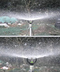 2 Pack 6 Nozzle Center Pivot Sprinkler System For Low Pressure Irrigation spraying water, DN15, 4-7m spray radius, in use.