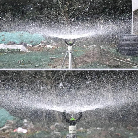 2 Pack 6 Nozzle Center Pivot Sprinkler System For Low Pressure Irrigation spraying water, DN15, 4-7m spray radius, in use.