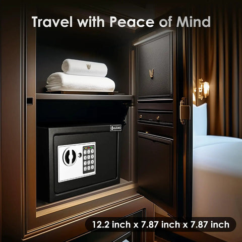Sturdy Fireproof Dorm Room Safe Box with Wall Mount Kit and Digital Passcode Lock in cabinet, towels above, 12.2 x 7.87 x 7.87 in