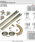 Heavy Duty Bypass Track And Hardware Set For Two Door Sliding System 96 Inch Aluminum Top Hung Track For Three Quarter Inch Thick Doors Up To One Hundred Fifty Pounds Commercial Grade Top Mount Hanger Not For Bifold Doors, displaying two aluminum tracks and hardware components.