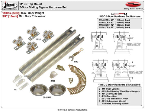 Beefy 48 Inch Top Hung Sliding Door Hardware Kit For 3/4 Inch Doors, 150 Pound Capacity, All Aluminum Track, Independent Box Rail System, 2 Door Heavy Duty Sliding Kit components, including tracks and rollers.