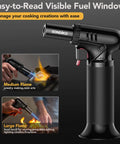Butane Torch Lighter With Visible Fuel Window Refillable Soldering Torch With Adjustable Flame For Welding Resin Art And Industrial DIY Projects Easy One Handed Operation, showing medium and large flame uses.