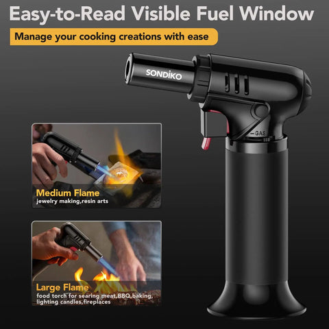 Butane Torch Lighter With Visible Fuel Window Refillable Soldering Torch With Adjustable Flame For Welding Resin Art And Industrial DIY Projects Easy One Handed Operation, showing medium and large flame uses.
