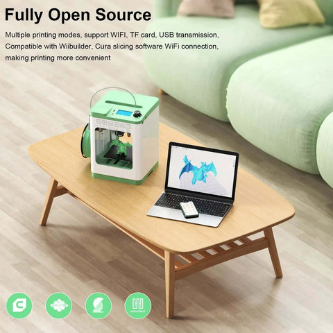 Tina2S 3D Printer With WiFi Cloud Printing on table beside laptop displaying 3D model, illustrating home setup with auto leveling feature.