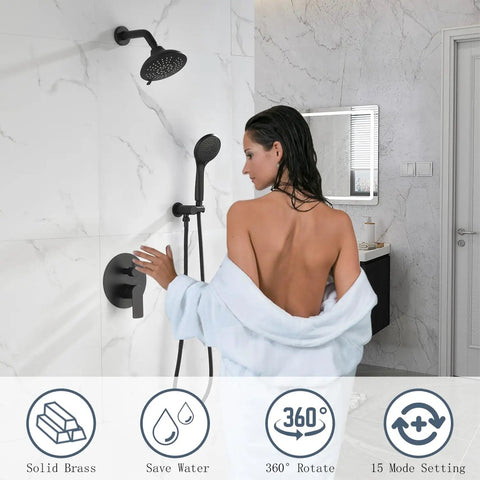 Sleek Matte Black All In One Shower System With Rain Shower Head And Handheld High Pressure 15 Settings Dual 2 In 1 Fixtures