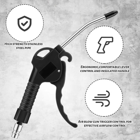 Heavy Duty 4 Piece Air Blow Gun Kit With Angled Aluminum Nozzles And Slick Pistol Grip To Blast Off Dust And Chips Fast For Auto Detailing Crew Or Local Shop, featuring ergonomic handle and stainless steel pipe.