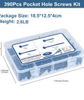 Pocket Hole Screws Assortment Kit With 390 Pieces In Four Sizes in clear plastic box with labels and dimensions