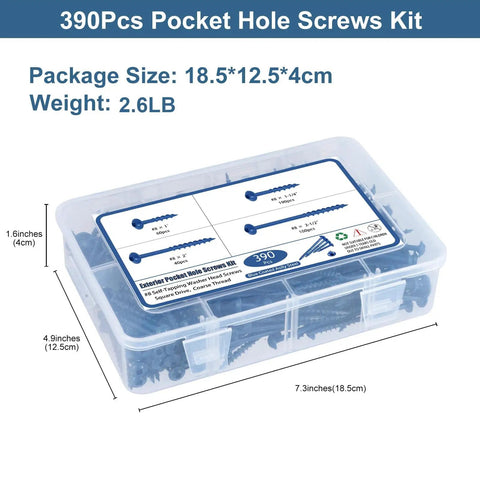 Pocket Hole Screws Assortment Kit With 390 Pieces In Four Sizes in clear plastic box with labels and dimensions