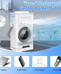 Image showing a Four In One Portable Misting Fan With Rechargeable 10000mAh Battery connected to various power sources.