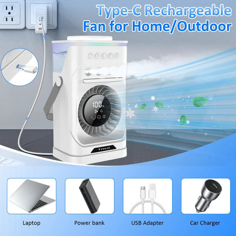 Image showing a Four In One Portable Misting Fan With Rechargeable 10000mAh Battery connected to various power sources.
