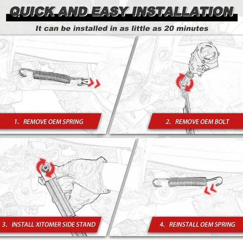 Instruction diagram for installing Beefy Three Inch Adjustable Kickstand For YZ85 2002 2026 Motorcycle Side Stand in four steps