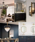 Collage of elegant interiors featuring chandeliers and wall lights showcasing E12 LED Candelabra Bulb 2W Equivalent 25W, dimmable, 12 pack