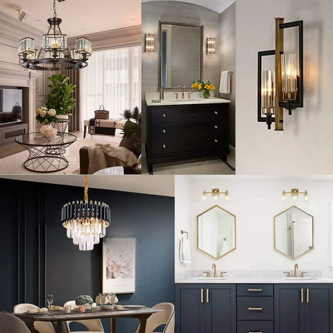 Collage of elegant interiors featuring chandeliers and wall lights showcasing E12 LED Candelabra Bulb 2W Equivalent 25W, dimmable, 12 pack