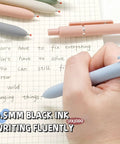 Five Pack Gel Pens 0.5mm Fine Point Black Ink With Super Soft Grip writing on paper, Morandi color set pens shown.