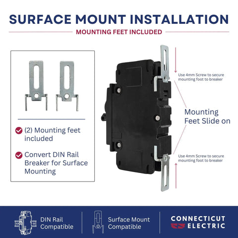Surface mount installation of Beefy 15 Amp Miniature Circuit Breaker with included mounting feet for flexible usage.