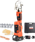 Rechargeable Electric Hydraulic Crimping Tool Delivers Rock Solid 12 Ton Force For Crushing 8 Awg To 600 Mcm Copper And Aluminum Cables With A Pro Grade Set Of Twelve Dies, featuring lenthened electric crimp grip.