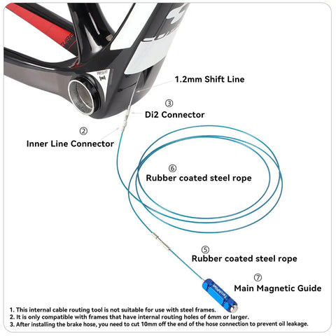 Internal Cable Routing Tool Kit For Bikes connecting Di2 Connector with rubber coated steel rope and main magnetic guide.